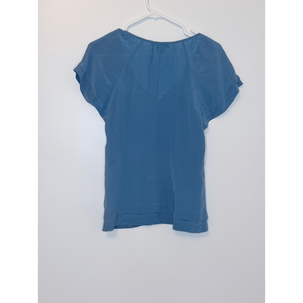 Banana Republic Silk Blouse Blue Pleated Ruffle Neck Short Sleeve XS - Picture 4 of 5
